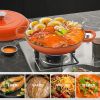 The enamel cast iron soup pot features a circular shower-style lid design and is suitable for various tools, such as ceramic, gas